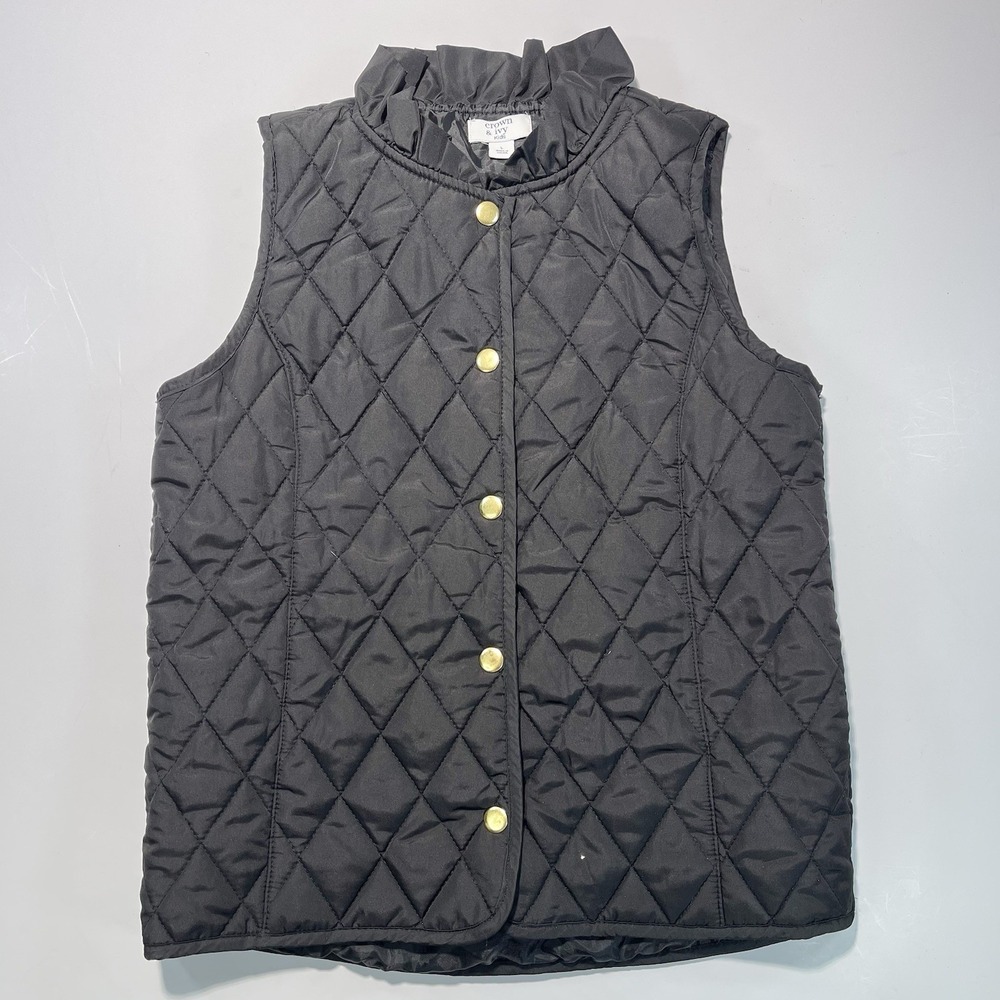 Crown And Ivy Girls Quilted Puffer Vest Black Large Ruffled Collar